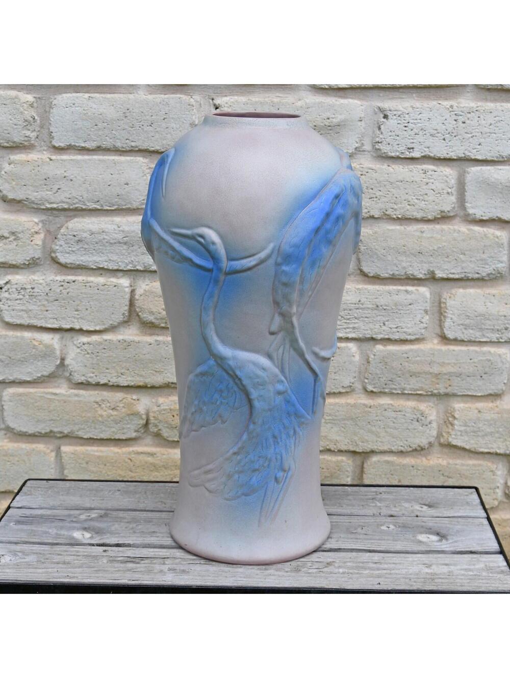 Van Briggle Egret Crane Bird 17" Floor Vase Art Pottery Ming Blue on Dusty Rose